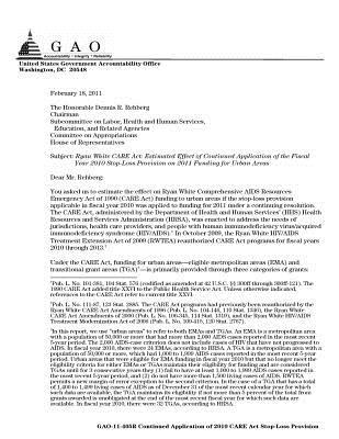 Download Ryan White Care ACT: Estimated Effect of Continued Application of the Fiscal Year 2010 Stop-Loss Provision on 2011 Funding for Urban Areas - U.S. Government Accountability Office file in PDF